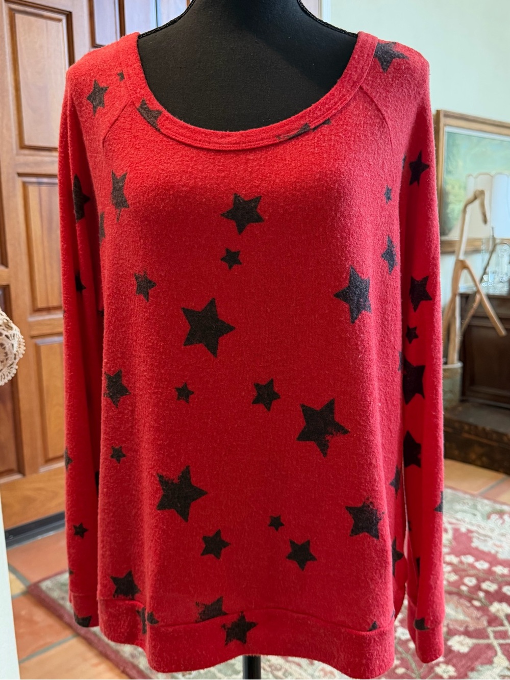 Michael Lauren Red Blue Stars Pullover Top Small Long Sleeve Poly Cotton